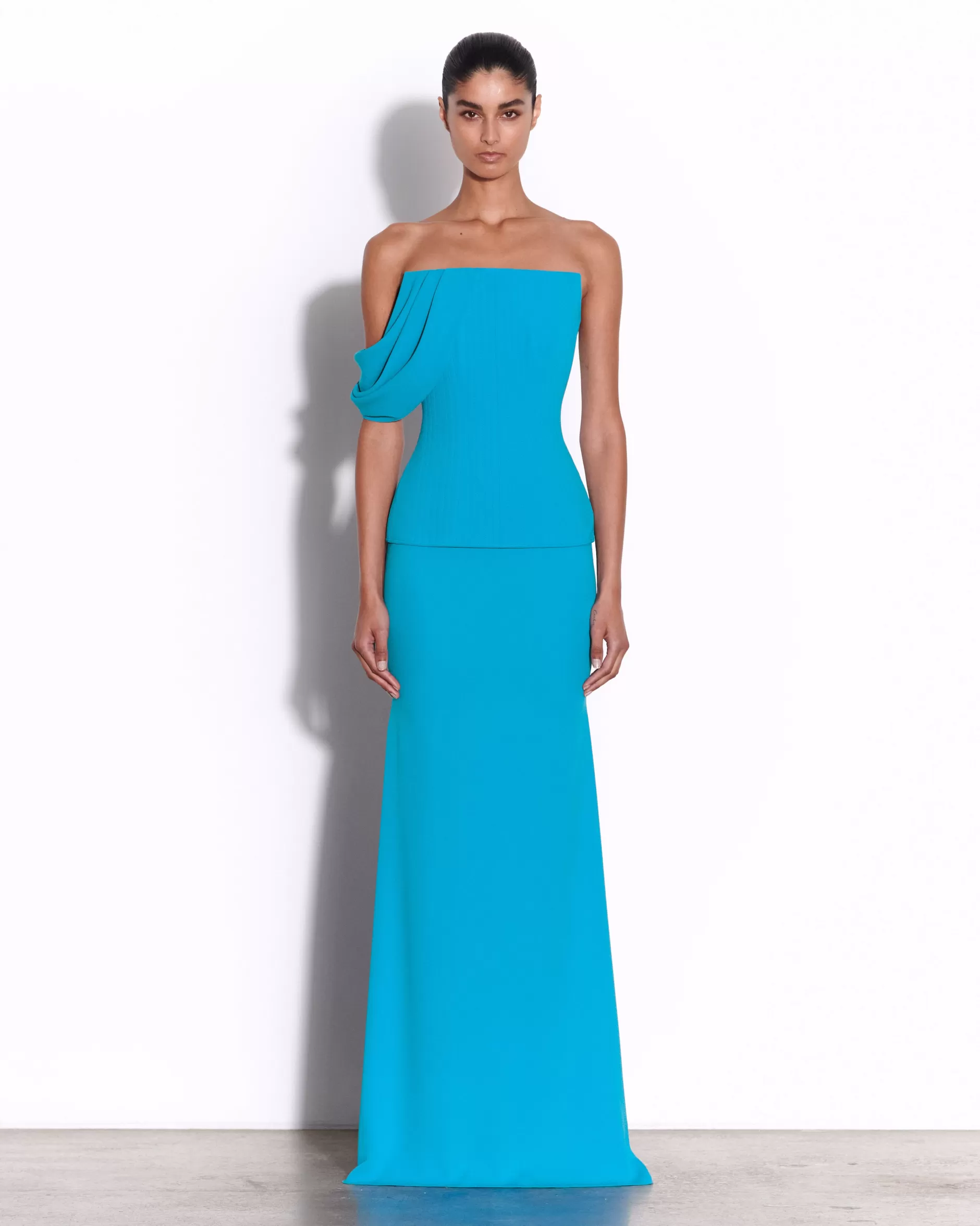 Draped Sleeve Longline Corset Gown in Crepe | Alex Perry Discount