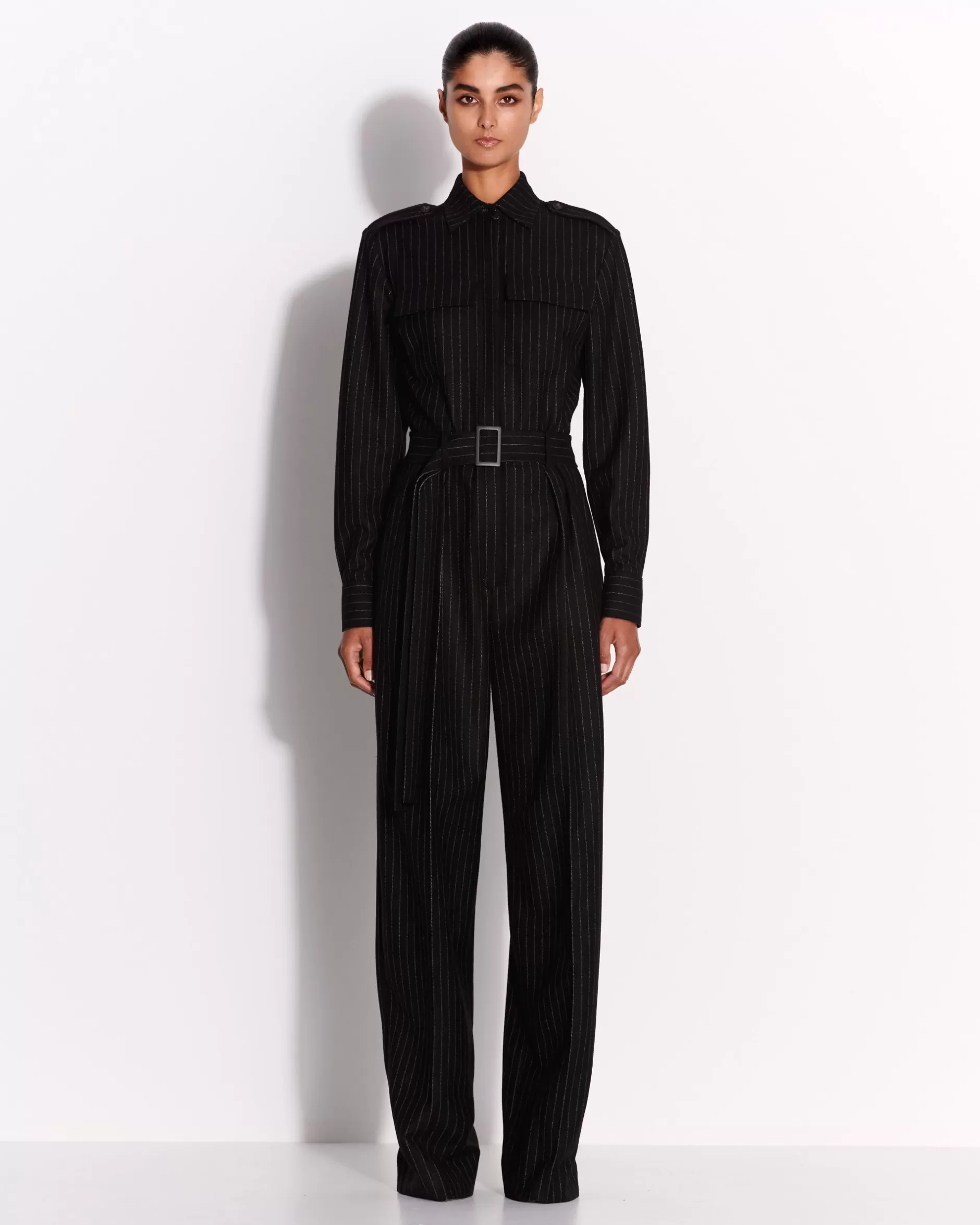 Long Sleeve Belted Jumpsuit in Wool Pinstripe | Alex Perry Fashion