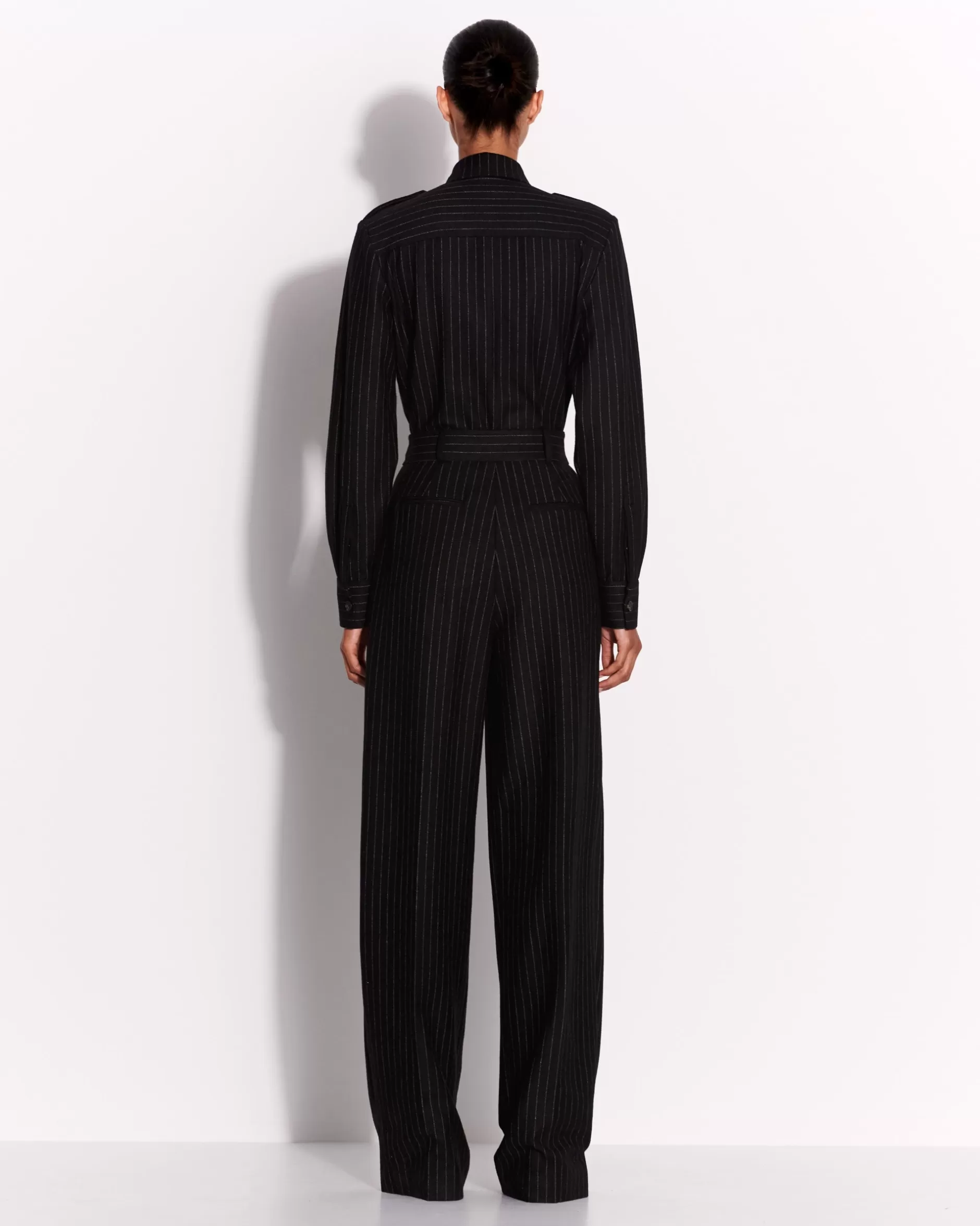 Long Sleeve Belted Jumpsuit in Wool Pinstripe | Alex Perry Fashion