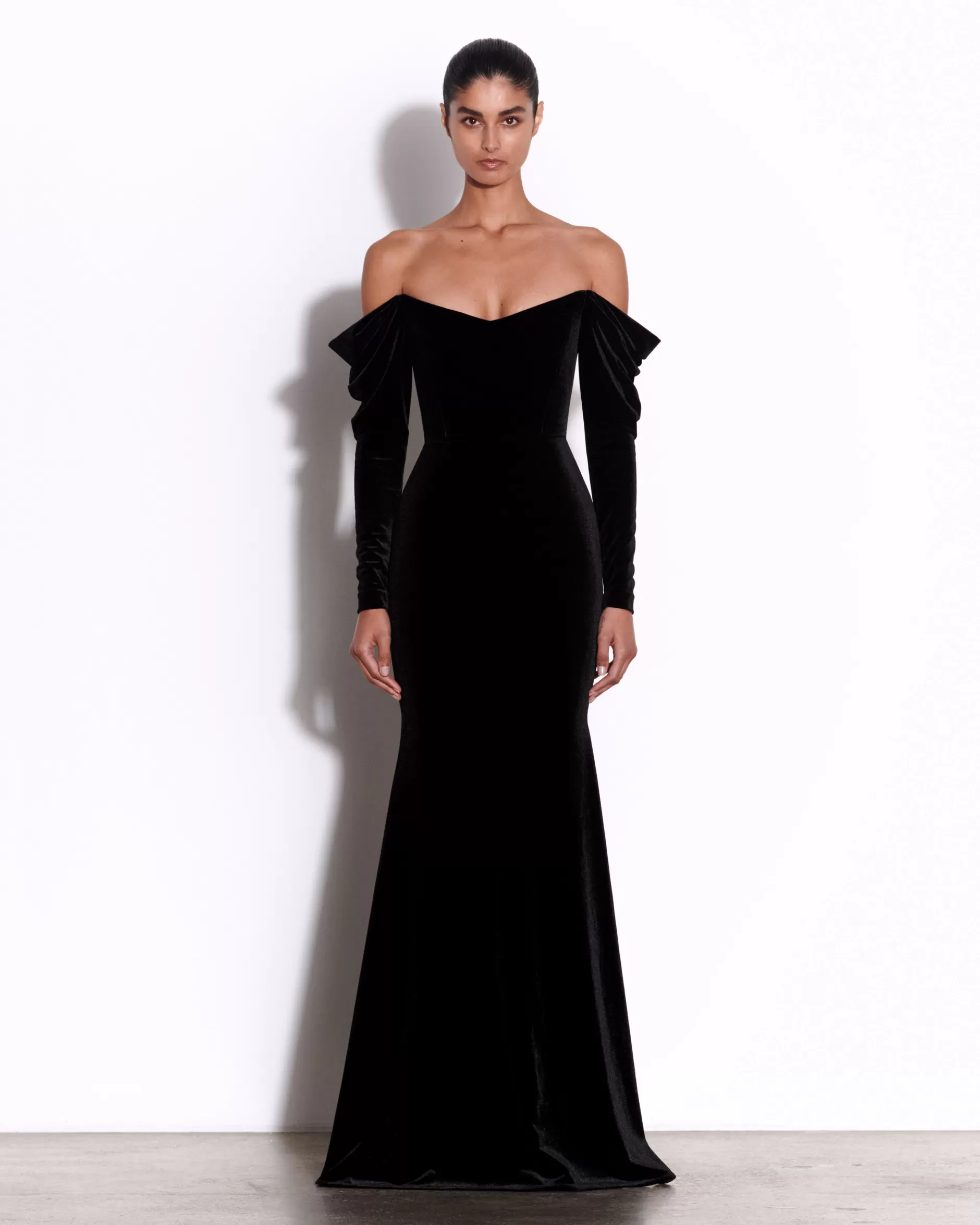 Long Sleeve Off Shoulder Gown in Velvet | Alex Perry Store