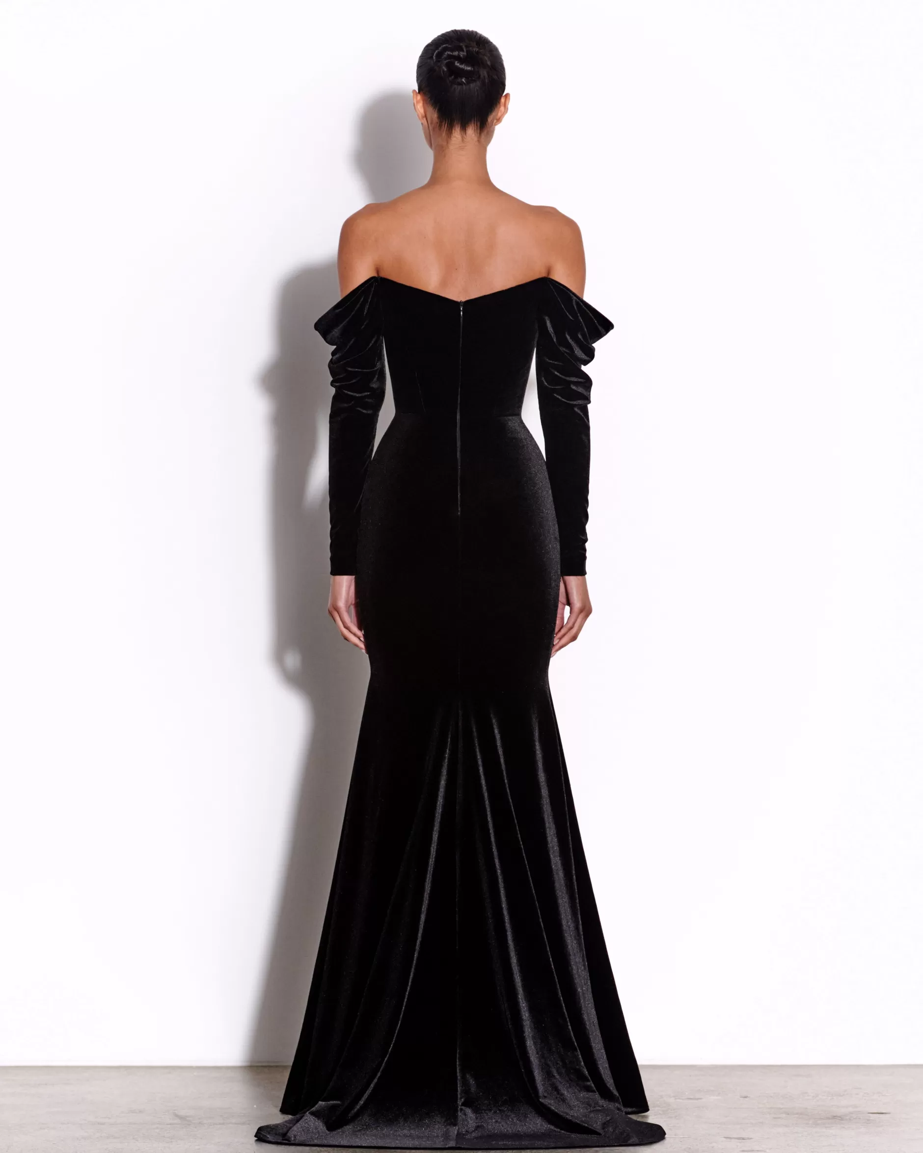 Long Sleeve Off Shoulder Gown in Velvet | Alex Perry Store