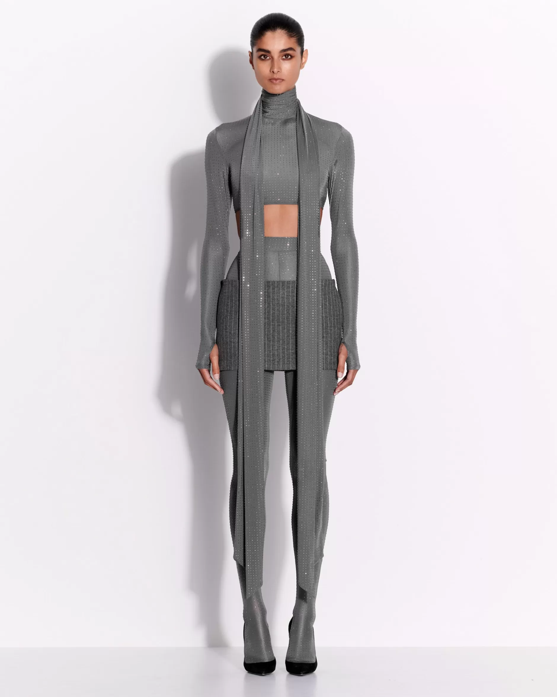 Long Sleeve Scarf Crop Top in Crystal Jersey | Alex Perry Outlet