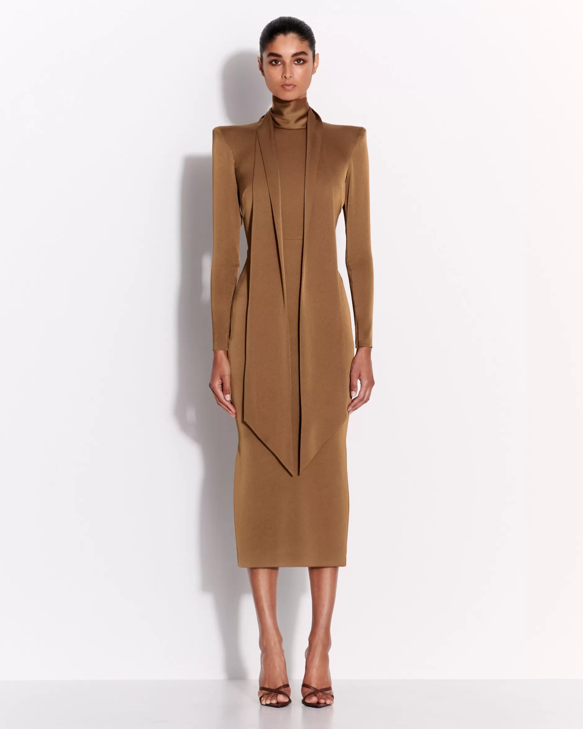 Long Sleeve Scarf Dress in Satin Crepe | Alex Perry Best