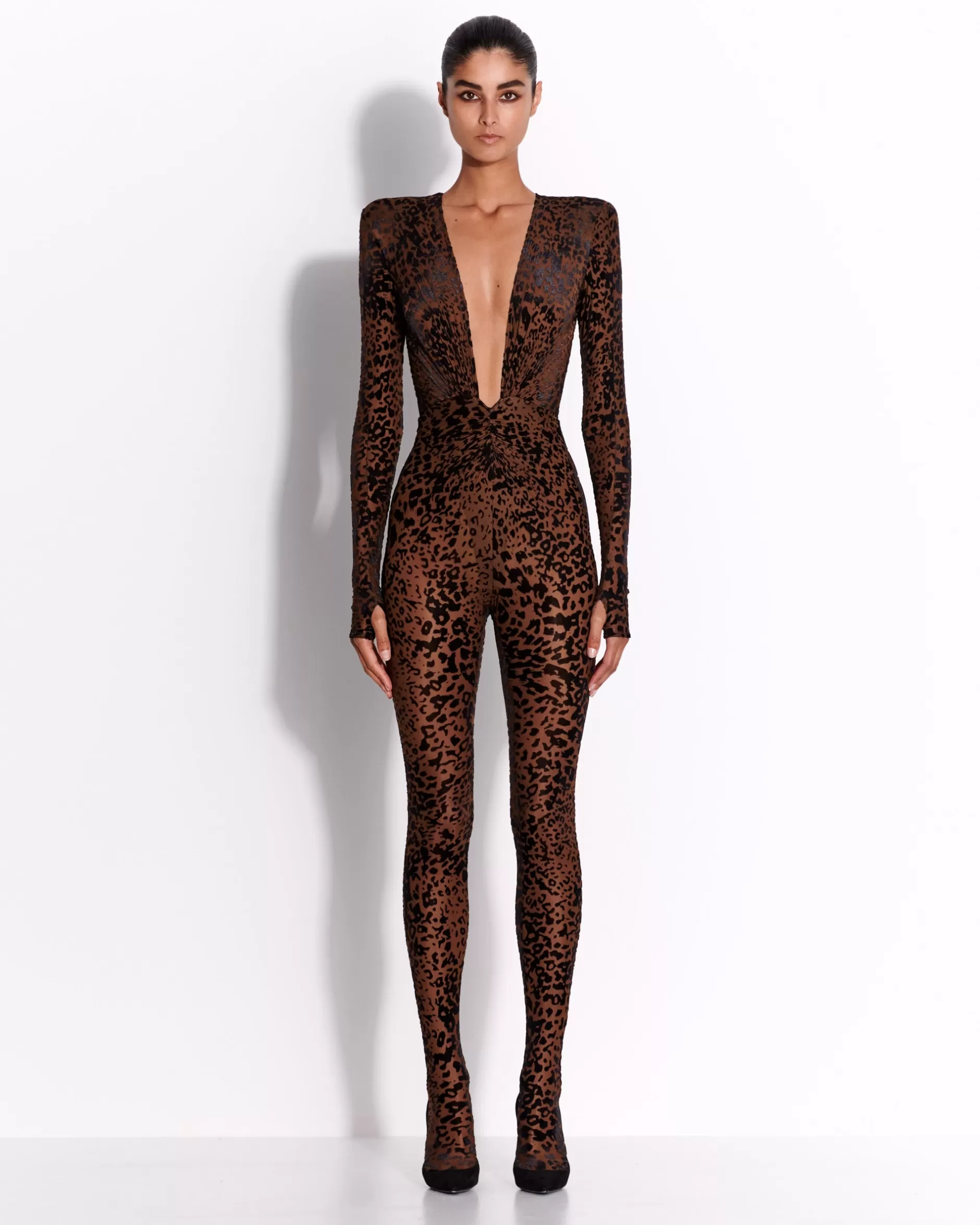 Long Sleeve V Catsuit in Leopard Burnout | Alex Perry Clearance