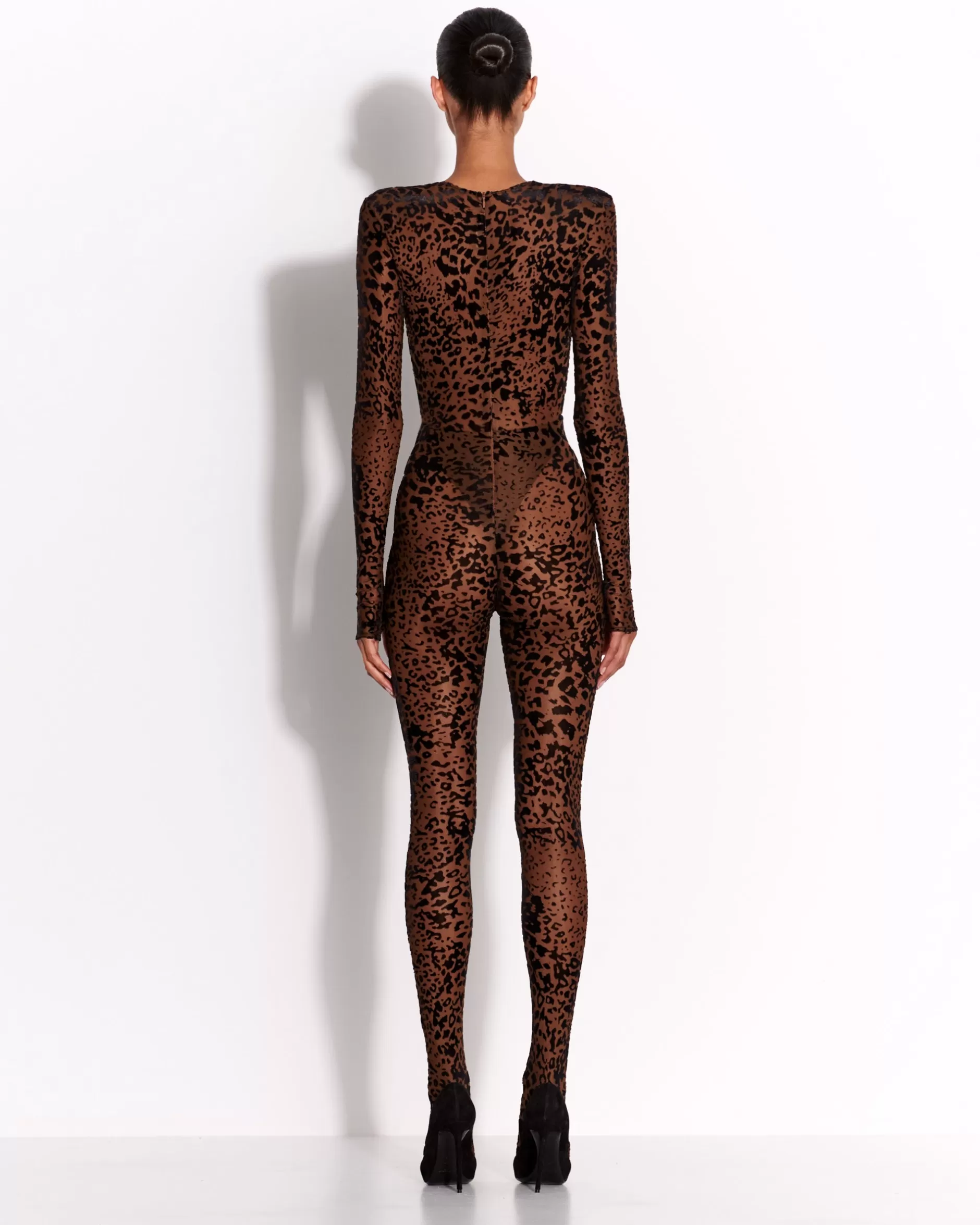 Long Sleeve V Catsuit in Leopard Burnout | Alex Perry Clearance