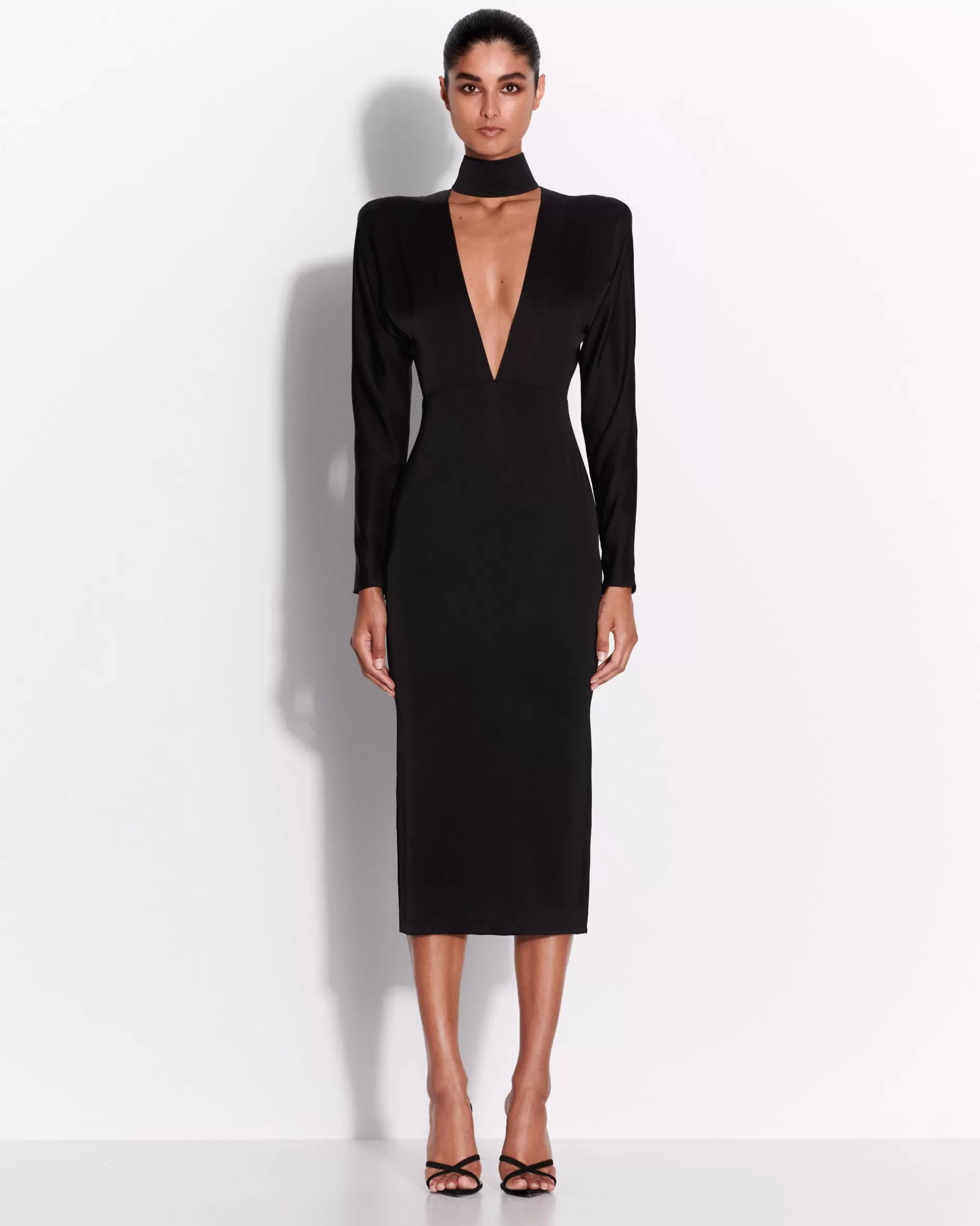 Long Sleeve V Neck Dress in Satin Crepe | Alex Perry Fashion