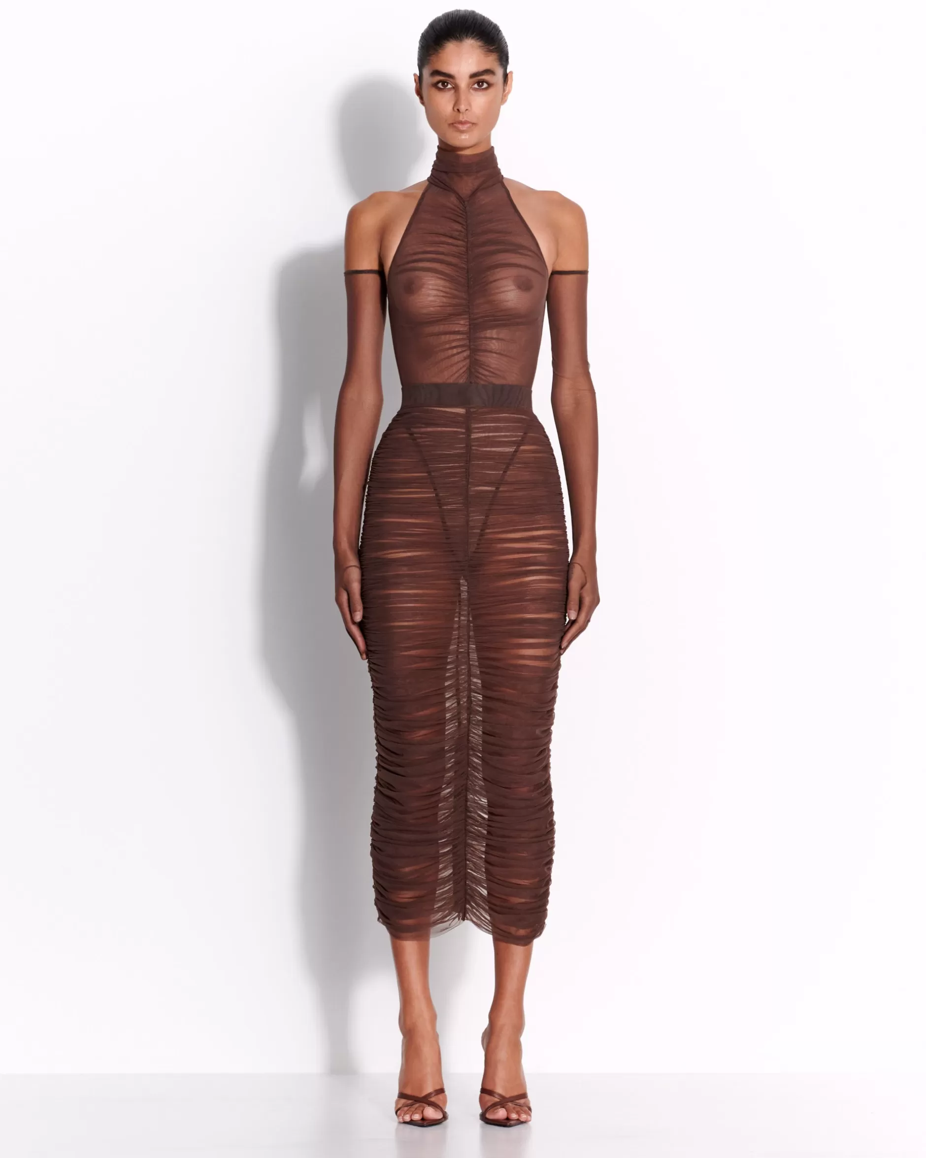 Turtleneck Ruched Bodysuit in Fine Mesh | Alex Perry Cheap